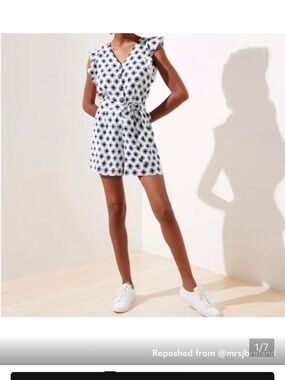 LOFT White Linen Romper with Navy Floral Print